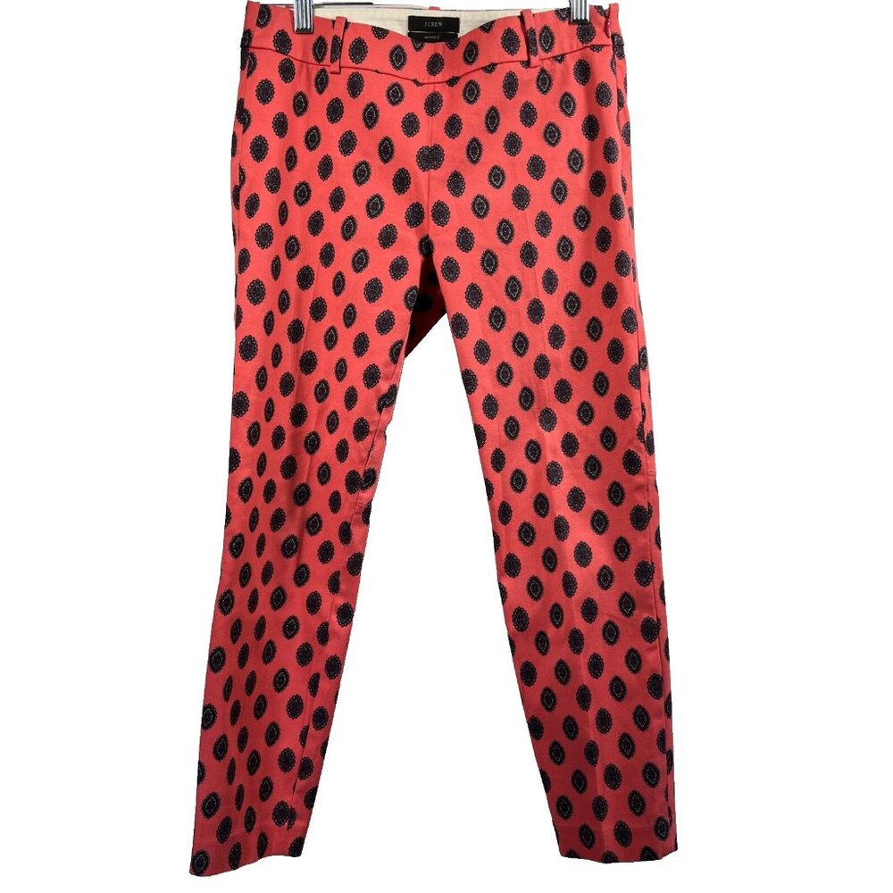 J Crew Minnie Women Pants Size 0 Side Zip Red Navy Geometric Stretch Ankle 07292